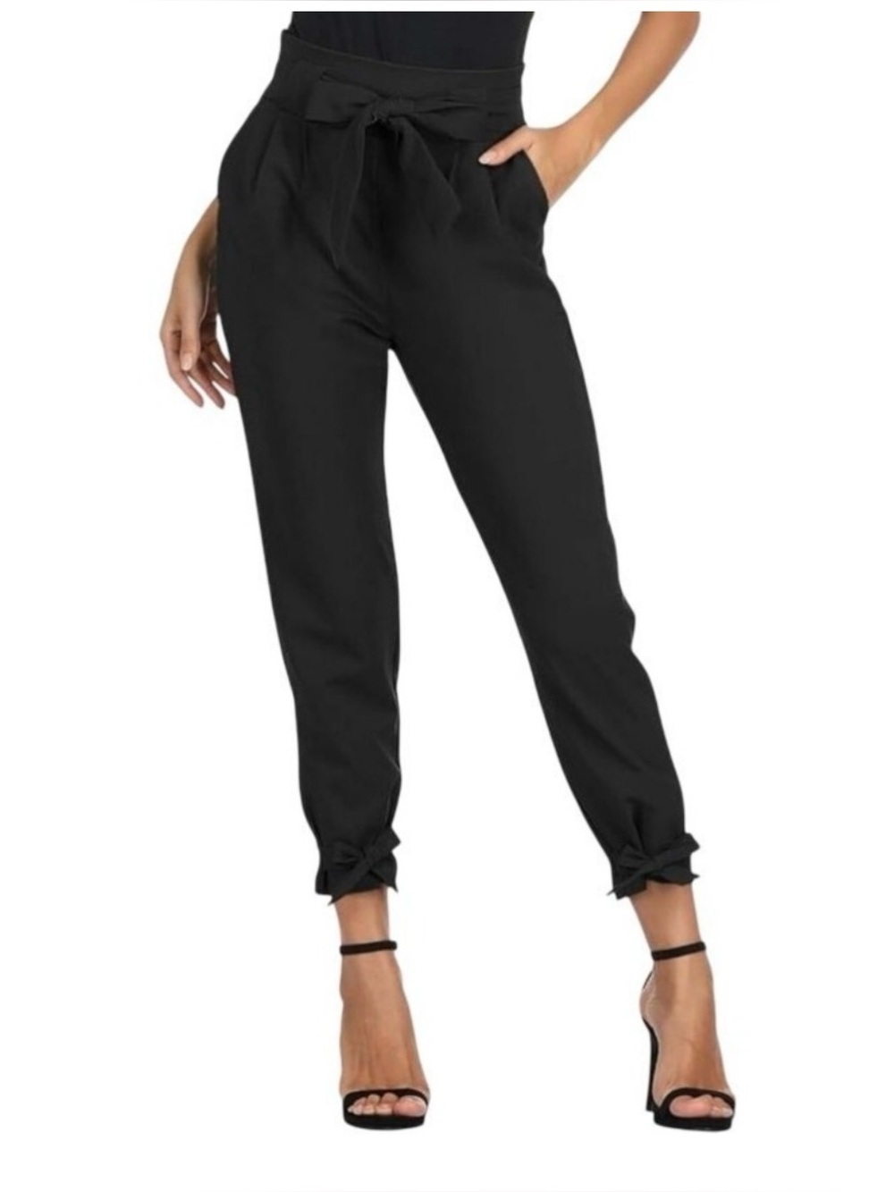 Grace Karin Black Paperbag Waist Tie-Front Joggers